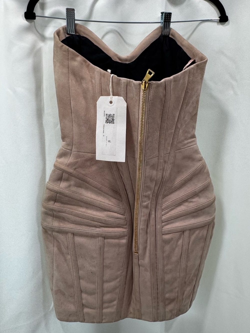 Balmain Suede Strapless Corset Mini Dress Nude Beige Size FR 34 - Picture 2 of 3